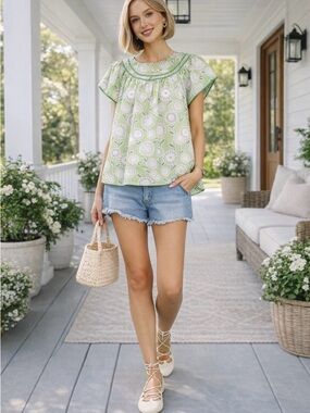 Lime Retro Floral Smocked Babydoll Blouse